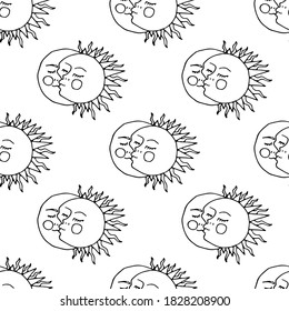 Monochrome seamless pattern with hand drawn kissing sun and crescent on white background. Vector illustration.