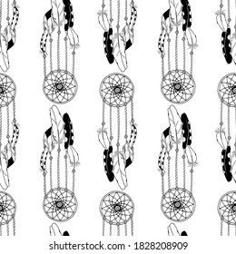 Monochrome seamless pattern with hand drawn dreamcatchers on white background. Vector illustration.