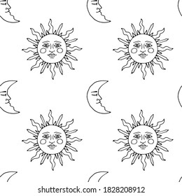 Monochrome seamless pattern with hand drawn suns and crescents on white background. Vector illustration.