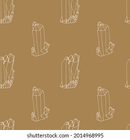 Patrón monocromo sin fisuras con cristales blancos dibujados a mano sobre fondo dorado. Ilustración vectorial.