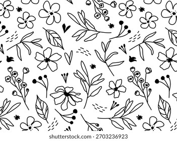 Padrão sem emenda monocromático com flores e folhas de rabiscar desenhadas à mão. Vetor fundo botânico preto e branco. Ideal para tecido, papel de embrulho, têxtil, papel de parede, impressões e scrapbook moderno