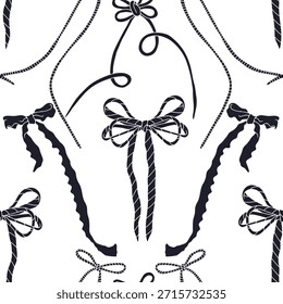 Einfarbiges, nahtloses Muster mit handgezeichneten, ausgefallenen Bogenknoten in schwarzen Silhouetten. Hübsche Retro-Coquettes Tapete. Vintage romantischen Hintergrund wiederholen.