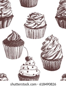 Monochrome seamless pattern with hand drawn cupcakes
