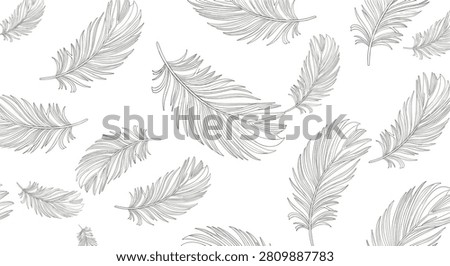 Monochrome seamless pattern with hand drawn detailed bird feathers floating on a plain white background.
