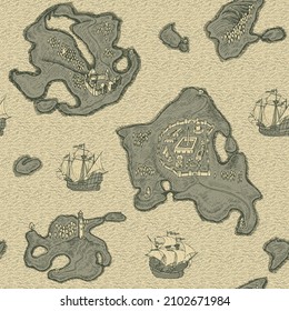 Patrón monocromo sin fisuras con islas dibujadas a mano, barcos viejos de vela y olas de mar sobre un fondo de papel antiguo. Fondo de dibujos animados vectoriales en estilo retro. Apropiado para papel de pared, papel de envoltura, tela