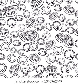 Monochrome seamless pattern with hand-made dumplings. Black and white hand drawing. For menu design cafe, restaurant, dumplings. Packaging.