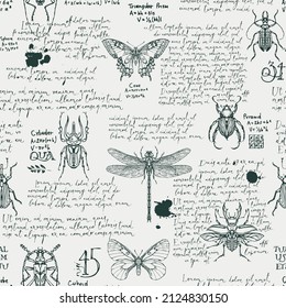 Monochrome seamless pattern with handwritten text Lorem Ipsum and hand-drawn insects. Vector background with butterflies, beetles, dragonfly on an old paper backdrop. Wallpaper, wrapping paper, fabric