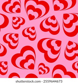 Monochrome seamless pattern of heart shaped tunnel. Rainbow romantic pattern. Pink and red colors. Trendy vector illustration in style retro 60s, 70s
