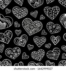 Monochrome seamless pattern with hearts. Contour drawing. Black and white texture for Valentine day. Design for birthday, wedding, Valentine's Day, mother's day and other holiday. 