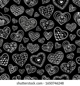 Monochrome seamless pattern with hearts. Contour drawing. Black and white texture for Valentine day. Design for birthday, wedding, Valentine's Day, mother's day and other holiday. 