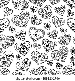 Patrón monocromo sin fisuras con corazones. Dibujo de contorno. Textura en blanco y negro para San Valentín. Diseño para cumpleaños, bodas, San Valentín, día de la madre y otras vacaciones. 