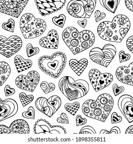 Patrón monocromo sin fisuras con corazones. Dibujo de contorno. Textura en blanco y negro para San Valentín. Diseño para cumpleaños, bodas, San Valentín, día de la madre y otras vacaciones. 