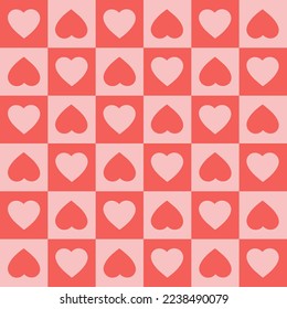 Monochrome seamless pattern with hearts on a checkered background. Modern retro illustration for decoration. Aesthetic vector print in style 60s, 70s. 