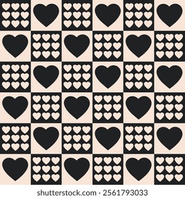 Monochrome seamless pattern with hearts on a checkered background. Modern retro illustration for decoration. Aesthetic vector print in style 60s, 70s.