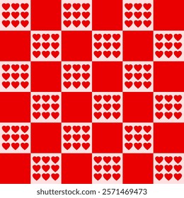 Monochrome seamless pattern with hearts on a checkered background. Modern retro illustration for decoration. Aesthetic vector print in style 60s, 70s.