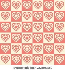 Monochrome seamless pattern with hearts shaped tunnel on a checkered background. Modern retro hippie illustration for decoration. Aesthetic vector print in style 60s, 70s