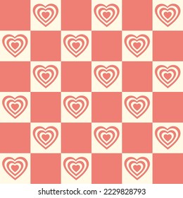 Monochrome seamless pattern with hearts shaped tunnel on a checkered background. Modern retro hippie illustration for decoration. Aesthetic vector print in style 60s, 70s
