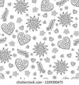 Monochrome Seamless Pattern of Hearts and Suns Doodles. Continuous Background in Creative Line Art for Page of Coloring Book.