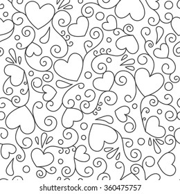 Monochrome seamless pattern with hearts and swirls. Valentines day background. Hand drawn elements. Vector illustration