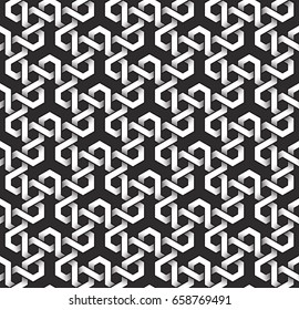 Monochrome seamless pattern of hexagon shaped twisted bands. Abstract repeatable background.