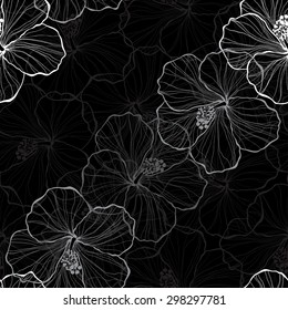 Monochrome  seamless pattern with hibiscus flowers.