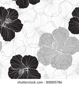 Monochrome seamless pattern with hibiscus flowers.