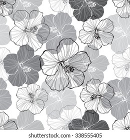 Monochrome  seamless pattern with hibiscus flowers.