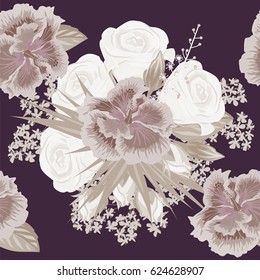 Monochrome seamless pattern with hibiscus and roses. Hand-drawn floral background for printing on fabric, clothing, home textiles, wallpaper, gift wrapping. Romantic design.