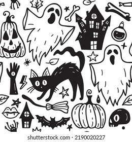 Monochrome seamless pattern of horror Halloween hand drawn doodle elements. Halloween background of magic elements. Pumpkins, ghost, skull, black cat, pot, hat.