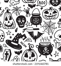 Monochrome seamless pattern of horror Halloween hand drawn doodle elements. Halloween background of magic elements. Pumpkins, ghost, skull, black cat, pot, hat.