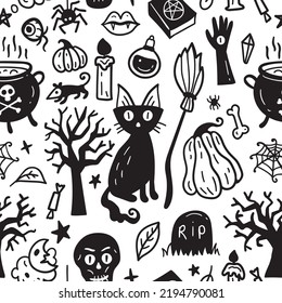 Monochrome seamless pattern of horror Halloween hand drawn doodle elements. Halloween background of magic elements. Pumpkins, ghost, skull, black cat, pot, hat.