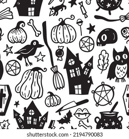 Monochrome seamless pattern of horror Halloween hand drawn doodle elements. Halloween background of magic elements. Pumpkins, ghost, skull, black cat, pot, hat.