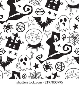 Monochrome seamless pattern horror Halloween hand drawn doodle elements  Halloween background magic elements  Pumpkins  ghost  skull  black cat  pot  hat 