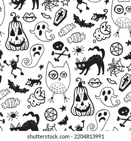 Monochrome seamless pattern of horror Halloween hand drawn doodle elements. Halloween background of magic elements. Pumpkins, ghost, skull, black cat, pot, hat.