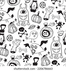 Monochrome seamless pattern of horror Halloween hand drawn doodle elements. Halloween background of magic elements. Pumpkins, ghost, skull, black cat, pot, hat.