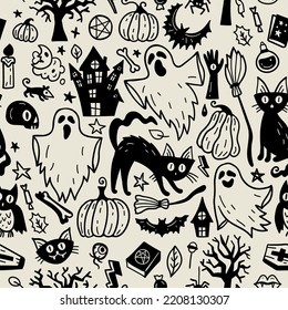 Monochrome seamless pattern of horror Halloween hand drawn doodle elements. Halloween background of magic elements. Pumpkins, ghost, skull, black cat, pot, hat.