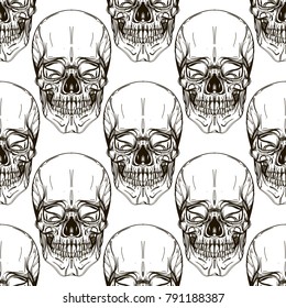 Monochrome seamless pattern with human skulls for wallapers, textiles and other items.