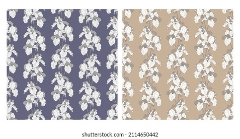 Monochrome seamless pattern with irises for fabric, textile, wallpaper, packaging. Floral background for decoration.