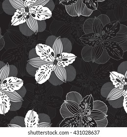 Monochrome  seamless pattern with irises. Hand-drawn floral background. Vector illustration on a black background.