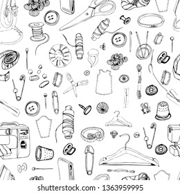 Monochrome seamless pattern with  items for sewing. Hand drawn graphic sketch of different elements isolated on white background. Vector illustration.