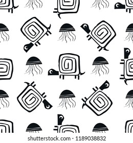 Monochrome seamless pattern with jellyfish and turtle. Cute kids paper cut vector illustration.
