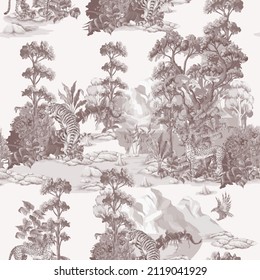 Monochrome seamless pattern with jungle and animals. Vector interior print.