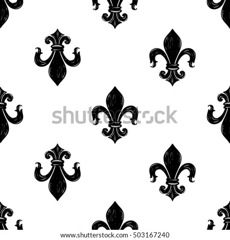 Monochrome seamless pattern with kingly flower. Royal signs in style of fashion illustration. Black and white vector background
