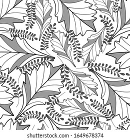 Monochrome seamless pattern. Leaves and branches on a white background. Design for fabric, print, wrapping. Vector. 