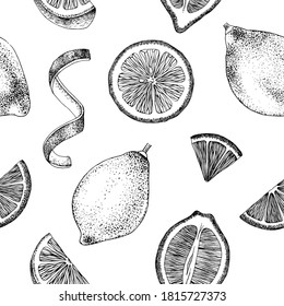 Monochrome seamless pattern with lemons, slices, halfs and lemon peels. Hand drawn vector illustration.