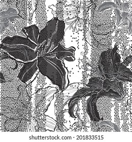 Monochrome seamless pattern with lilies. Hand-drawn floral background.