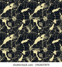 Monochrome seamless pattern with line art black hibiscus flowers, buds and leaves, with light outline. On beige background. Stock vector illustration.