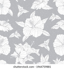 Monochrome seamless pattern with line art gray hibiscus flowers, buds and leaves, with gray outline. On white background. Stock vector illustration.