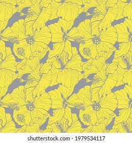 Monochrome seamless pattern with line art yellow hibiscus flowers, buds and leaves, with gray outline. On gray background. Stock vector illustration.