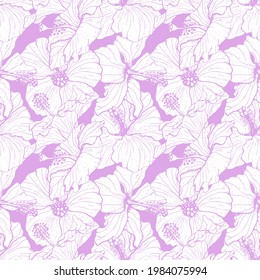 Patrón monocromo sin fisuras con el arte de la línea flores, brotes y hojas de hibiscos azules y amarillos, con contorno violeta. Sobre fondo morado. Ilustración vectorial de material.